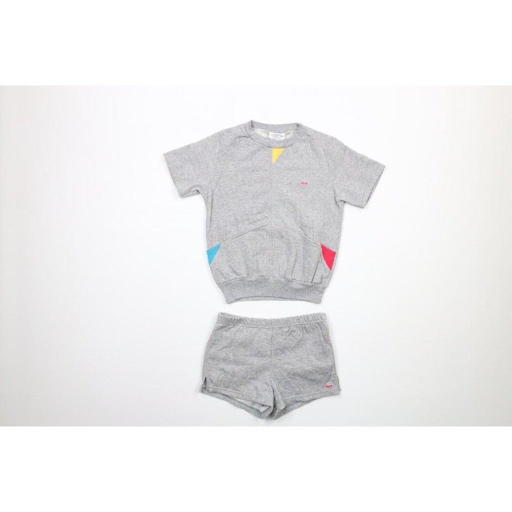 Vintage 80s Izod Lacoste Girls Small Distressed 2 Piece Sweat Suit Outfit Gray